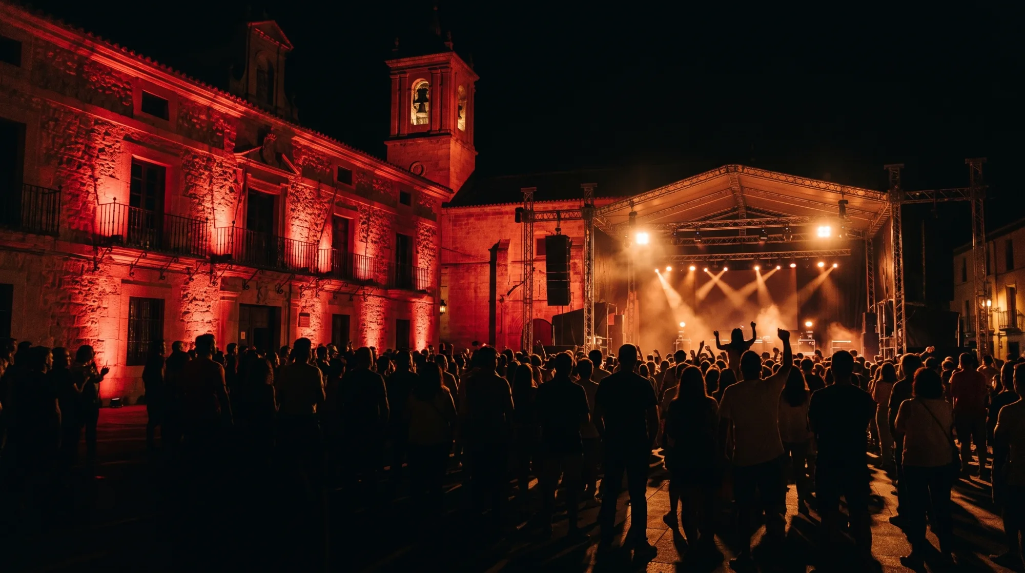 Plaza de pueblo de noche con la fachada del ayuntamiento iluminada en rojo, escenario de calle al fondo y público de pie